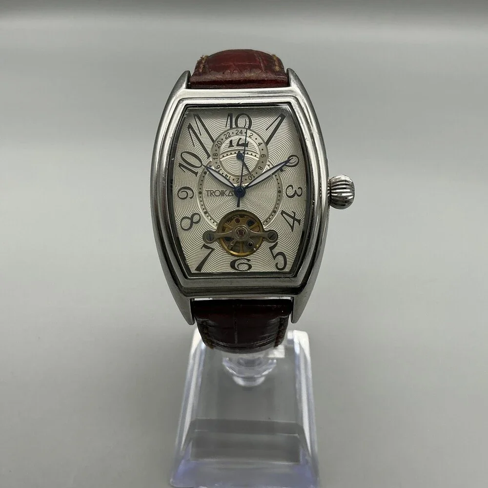 Troika Mens Watch 35mm Silver Tone Brown Leather Automatic For Parts Not Running